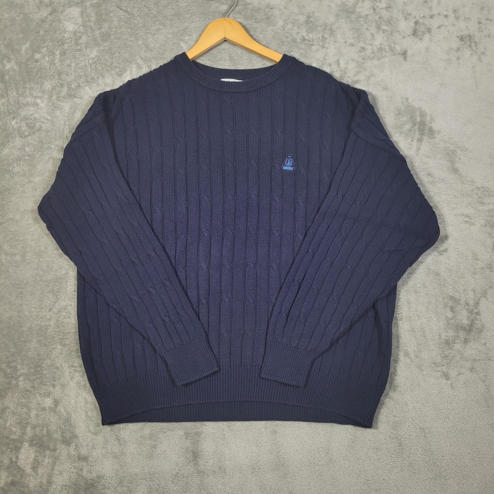 IZOD Mens XL Blue Cable Knit Cotton Crew Neck Pullover Sweater Made In USA